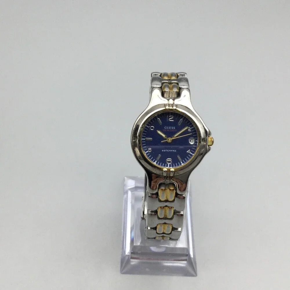 Vintage Guess Waterpro Womens Watch 26mm Blue Dial Two Tone Date New Battery 7
